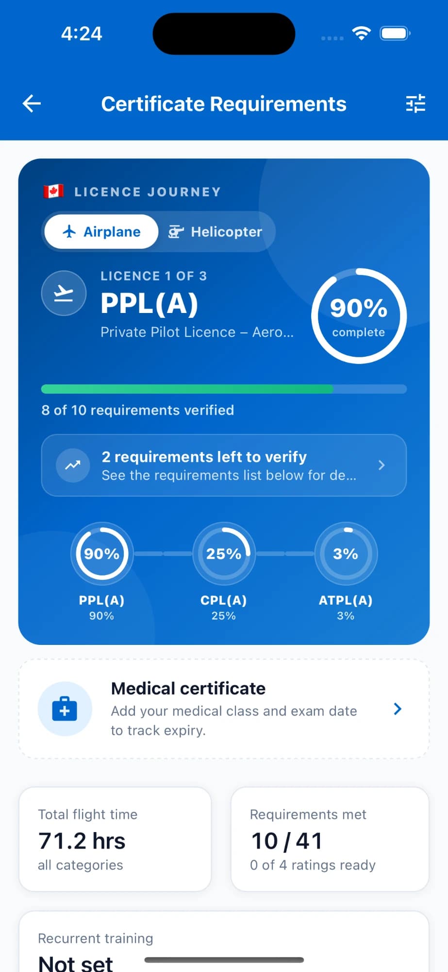 Licence journey screen in Pilot Logbook Pro