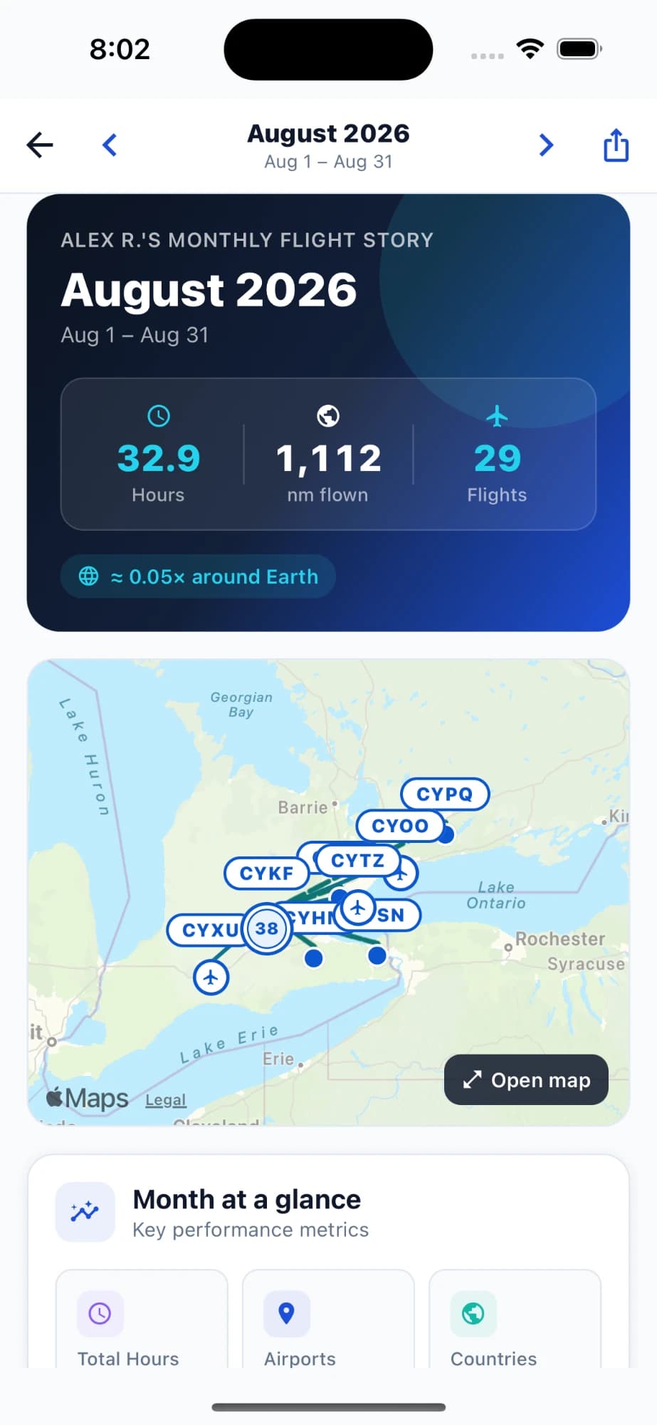 Monthly flight story screen in Pilot Logbook Pro