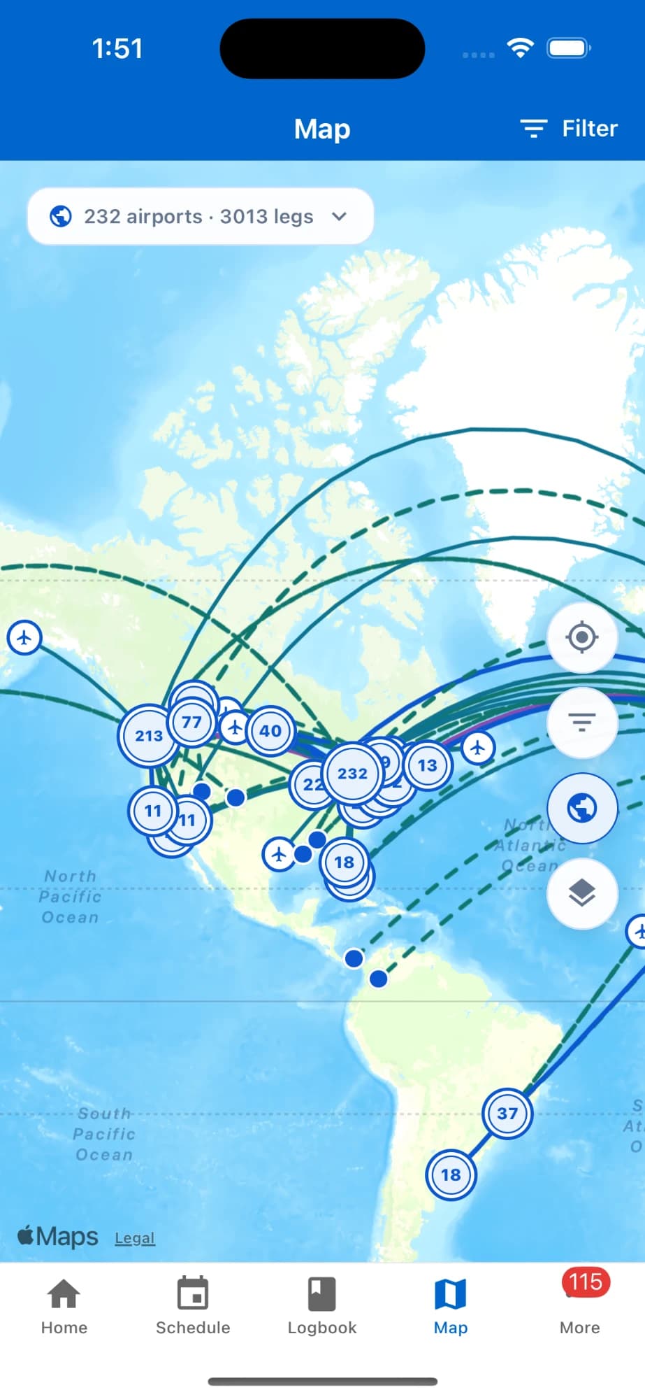 Route map screen in Pilot Logbook Pro